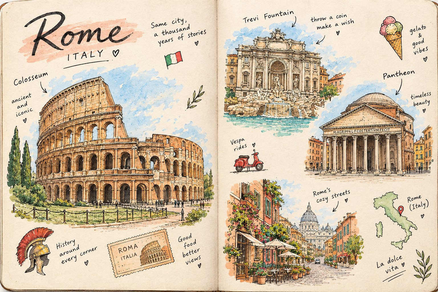 Hand-drawn travel journal sketchbook spread — AI image prompt — GPT Image 2.5 — Watercolor, Vintage, Sketch - 3