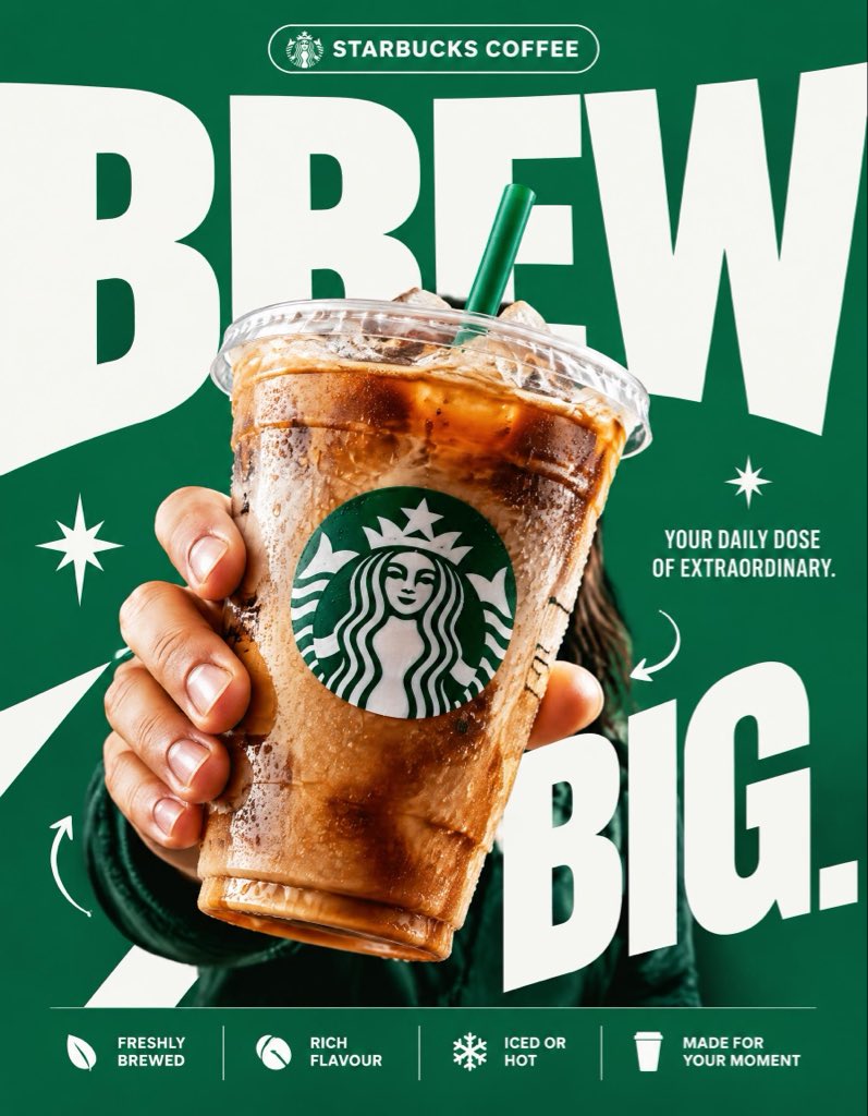 STARBUCKS — “BREW BIG.”

4:5 vertical premium poster, 8K, exaggerated bold typography × high-impact  — AI image prompt — GPT Image 2.5
