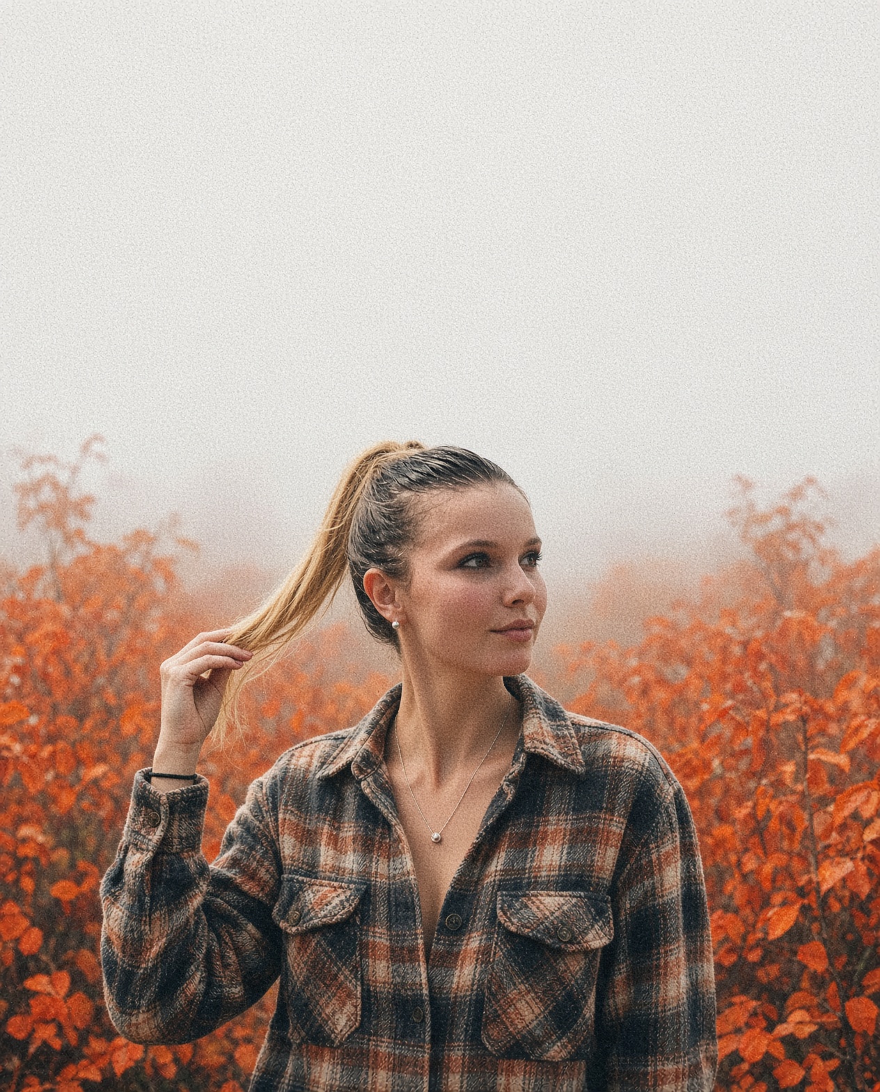 A photorealistic, medium close-up portrait of the model provided. The background is a hazy, overcast — AI image prompt — Grok Imagine 2