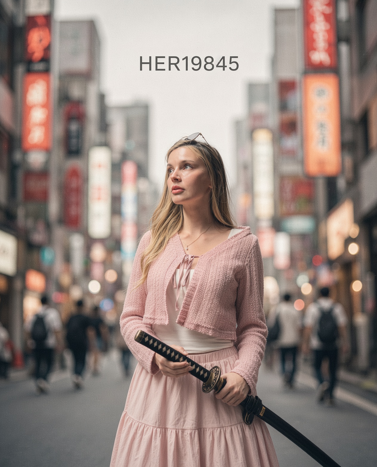 Photorealistic portrait of the model shown, holding a traditional katana at her waist. She is standi — AI image prompt — Grok Imagine 2