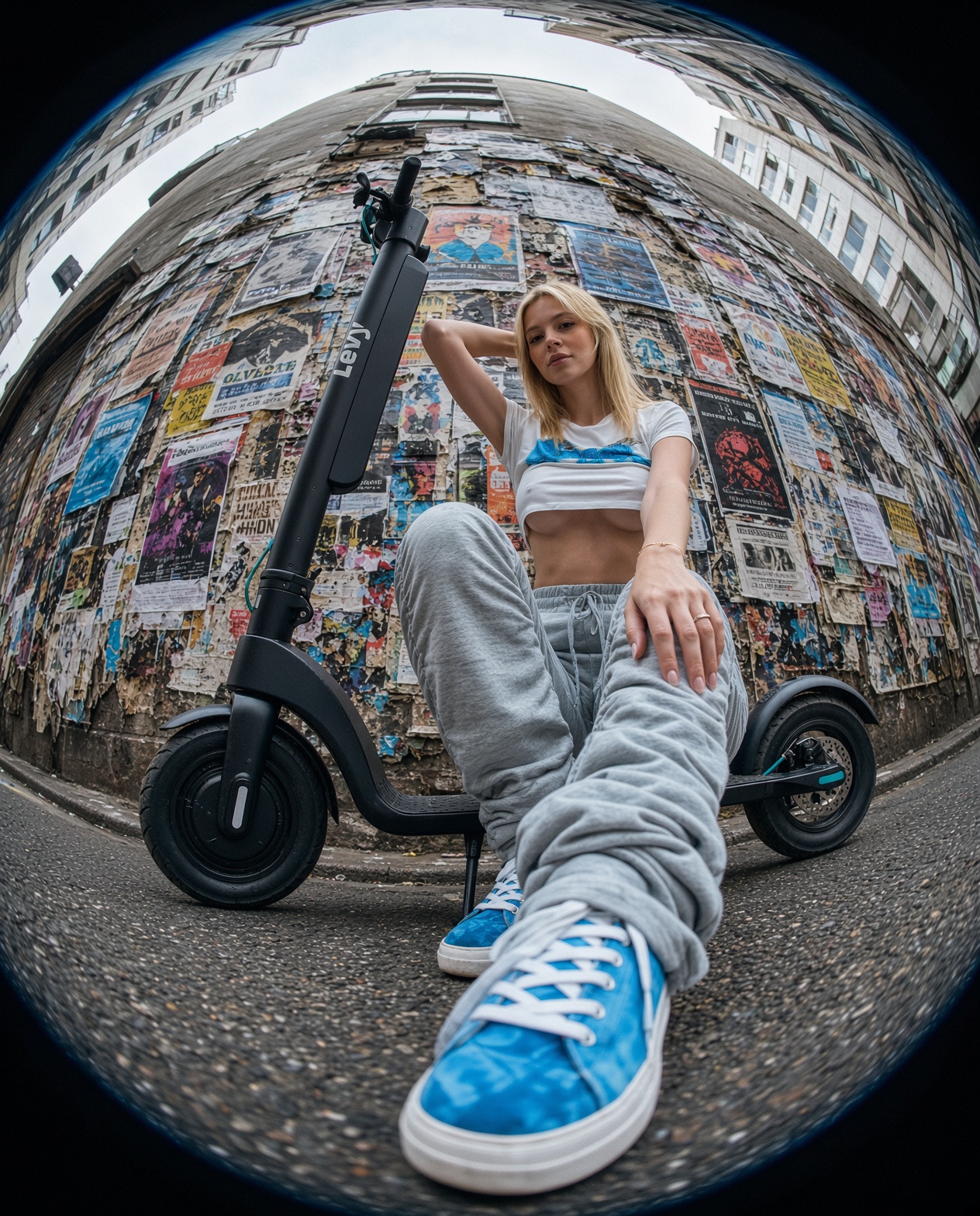 Street-style fashion photograph taken with a wide-angle fisheye lens from an extreme, low-angle pers — AI image prompt — Grok Imagine 2