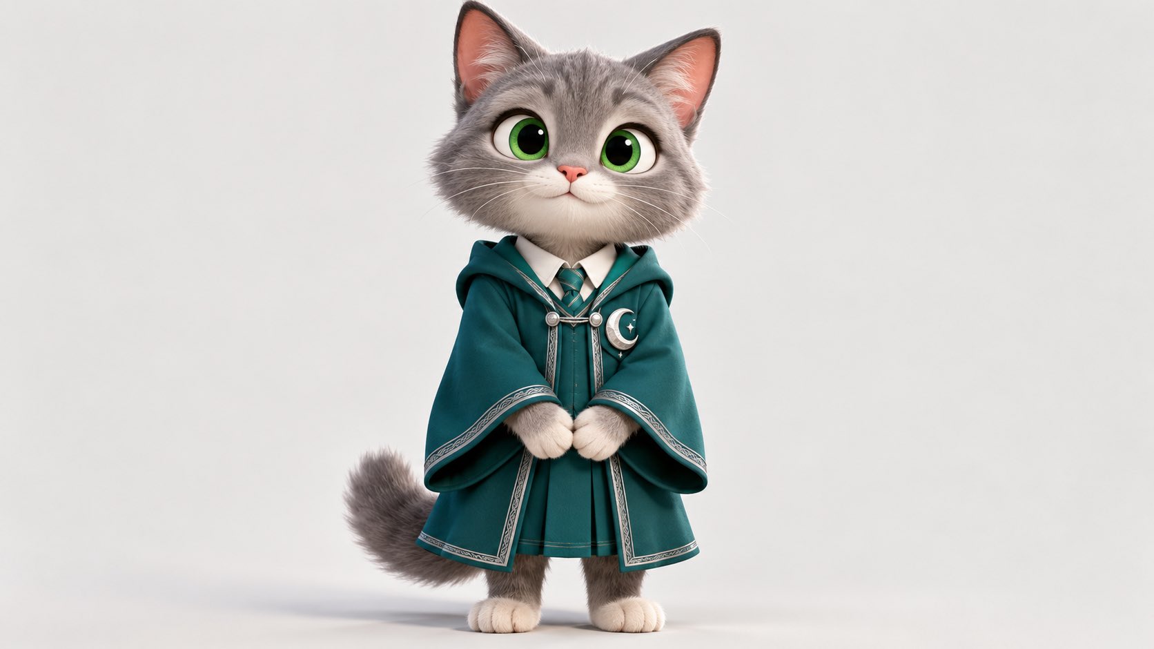 猫
一个可爱的灰色猫咪角色，绿色眼睛，穿着简单的青绿色连帽斗篷，带有一个小银色新月搭扣。站立姿势，正面视图，全身，柔和的故事书插画风格，纯色浅色背景。

松鼠
一个可爱的橙棕色松鼠角色，有一条大而蓬松 — AI image prompt — Nano Banana 2.1