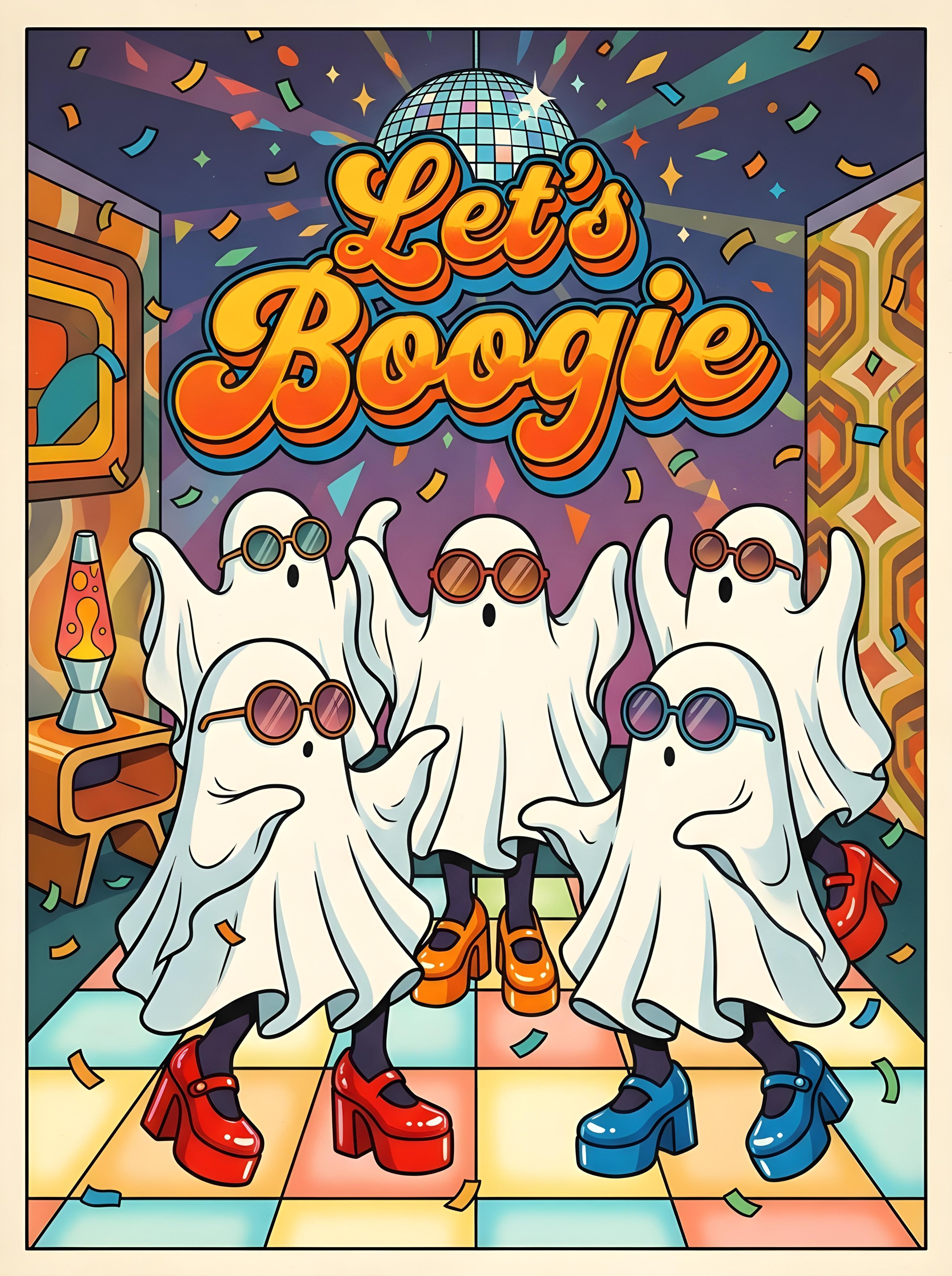 シーン全体は、統一感のある洗練されたイラストとして描かれ、正確なテキスト「Let's Boogie」が、1970年代のレトロなバブル調のウェーブフォントで目立つように配置され、大胆でカラフルなレタリン — AI image prompt — Nano Banana