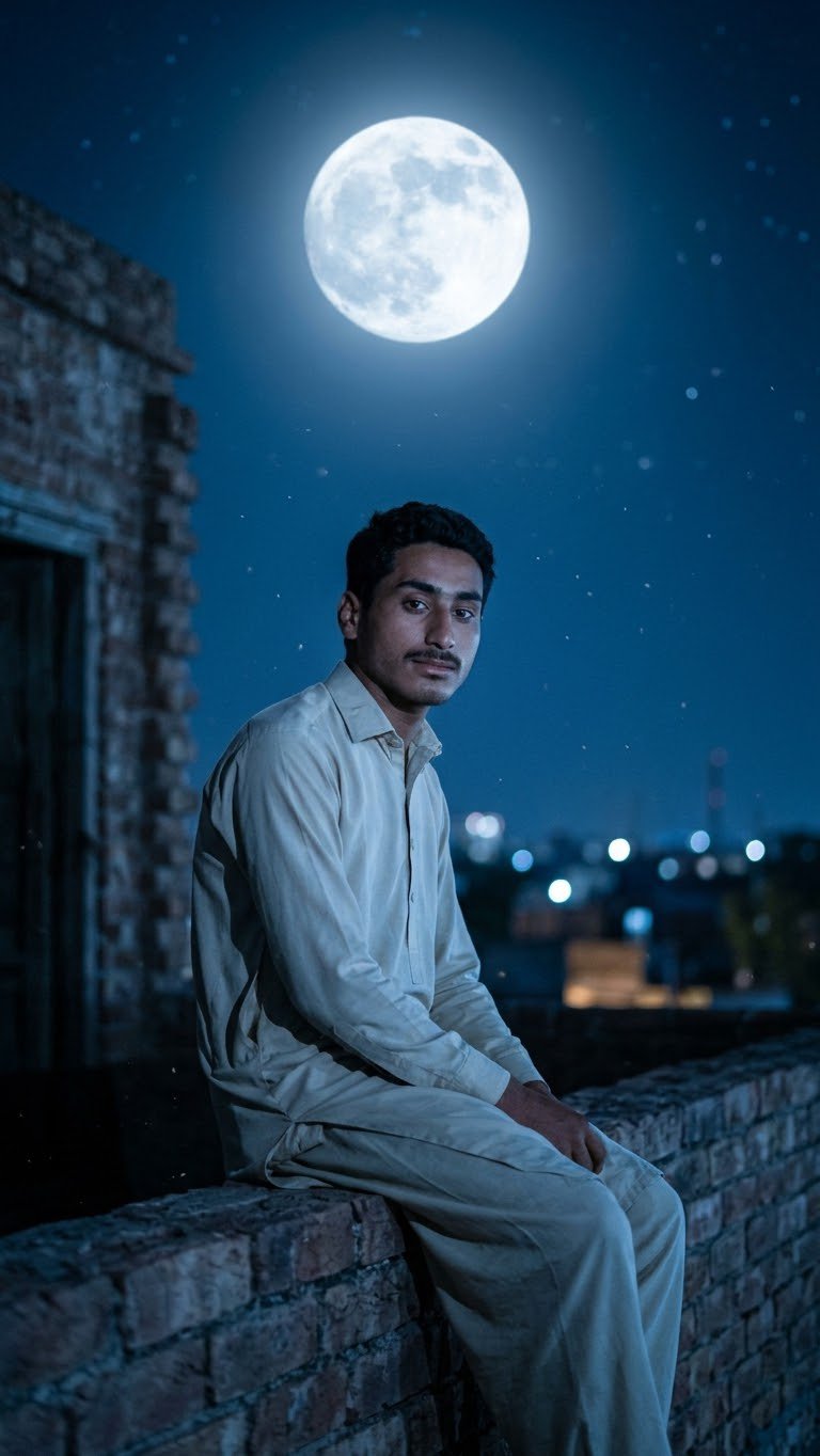 电影感夜景肖像，同一个男人平静地坐在砖砌窗台上，头顶是一轮发光的满月，冷蓝色调， — AI image prompt — GPT Image 2.5