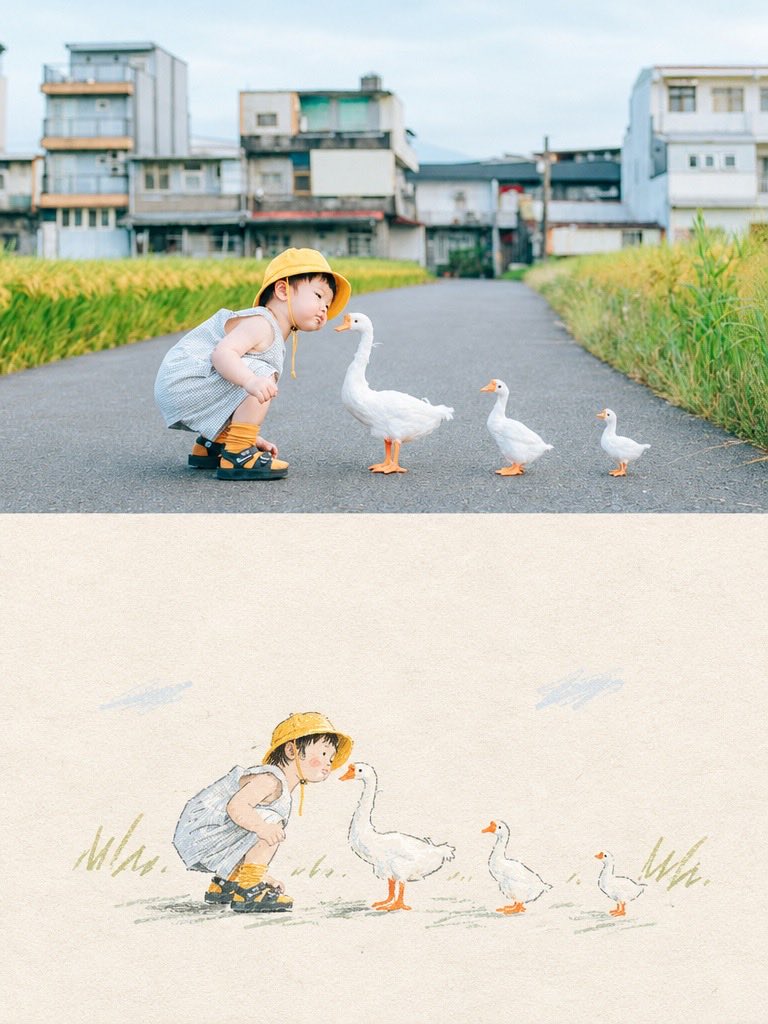使用参考图像创作一个迷人的从照片级真实到水彩画的转变。展示一个可爱的幼儿，戴着黄色太阳帽，穿着浅蓝色格子连体短裤、黄色袜子和深色凉鞋，好奇地蹲着，在一条安静的乡村小路上与三只白鸭子互动。包括路边茂盛的 — AI image prompt — GPT Image 2.5