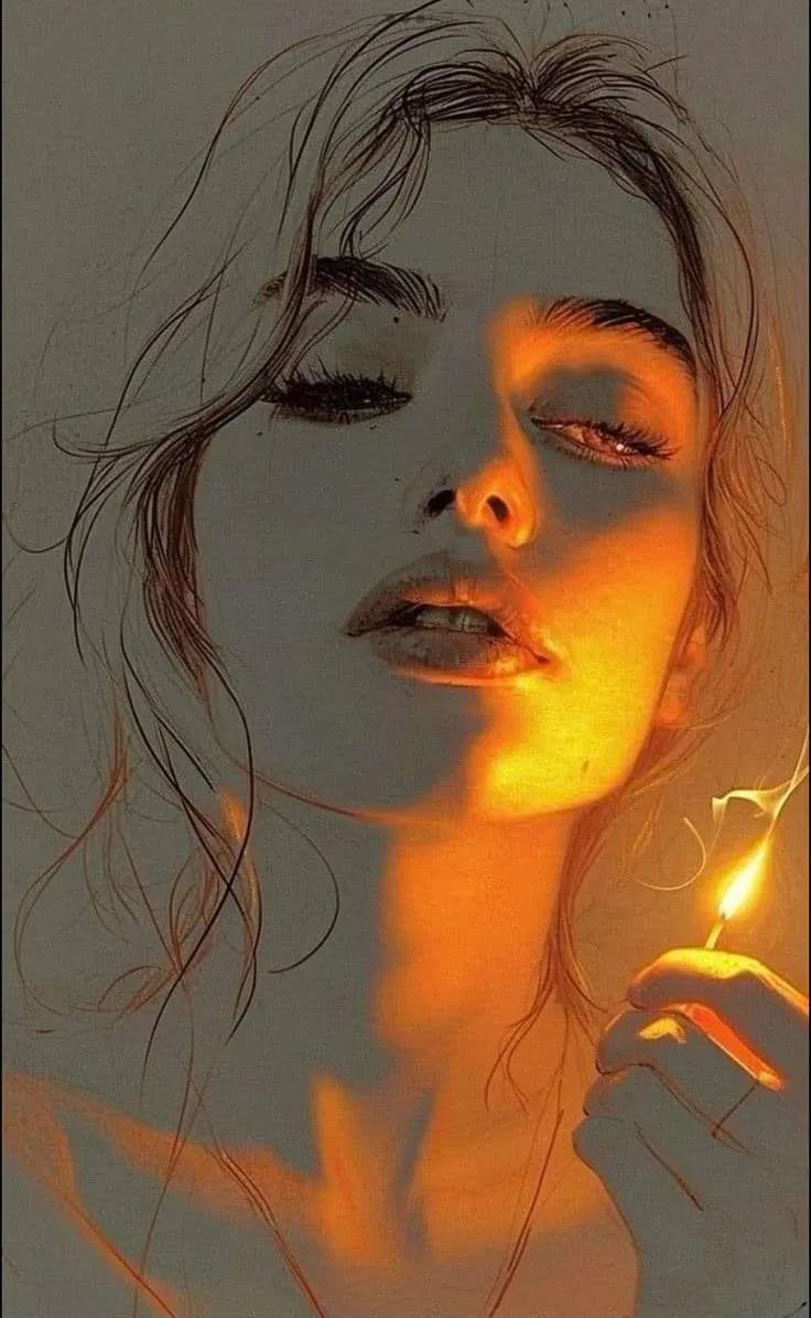 创作一幅超写实、电影感的特写肖像，画面中是一位美丽的年轻女子，留着长而凌乱、飘逸的深色头发，浓密的眉毛，长长的睫毛，嘴唇微微张开。她双眼轻轻闭合，神情平静、梦幻而富有情感。她右手拿着一根点燃的火柴靠近 — AI image prompt — GPT Image 2.5