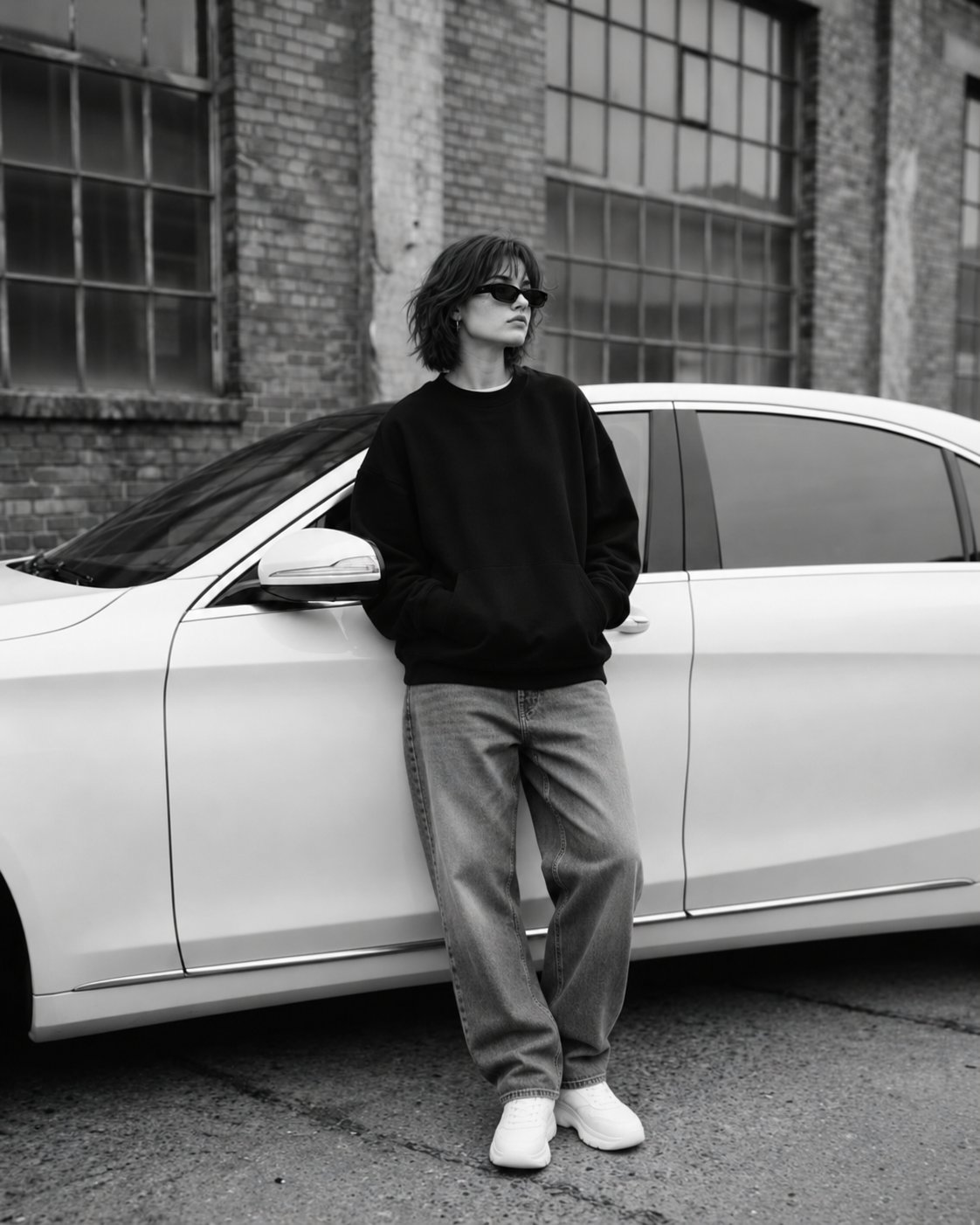 黑白时尚大片与奔驰 — AI image prompt — GPT Image 2.5 — Street Photography, Fashion, Black & White - 3