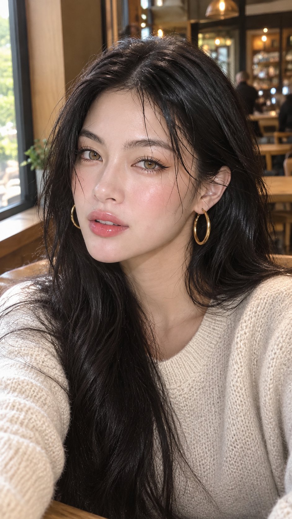 超写实特写肖像，一位美丽的年轻女性，拥有浓密、自然微卷的乌黑长发，柔和的修饰脸型的发丝，温暖的榛褐色眼睛，精致的五官，自然饱满、光泽的桃粉色嘴唇，淡淡的玫瑰色腮红，无瑕透亮的肌肤，以及优雅的黑色上扬眼 — AI image prompt — GPT Image 2.5