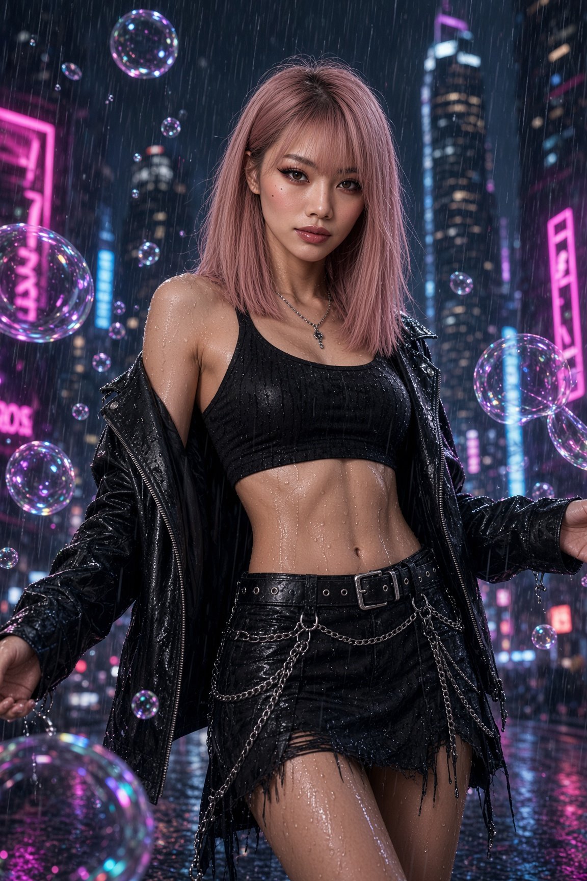 젊은 동아시아 여성의 드라마틱한 시네마틱 초상화. 아몬드형 갈색 눈에 날카로운 블랙 윙 아이라이너, 높은 광대뼈, 윤기 나는 입술. 그녀는 밤에 쏟아지는 폭우 속에서 양팔을 살짝  — AI image prompt — Seedream 5
