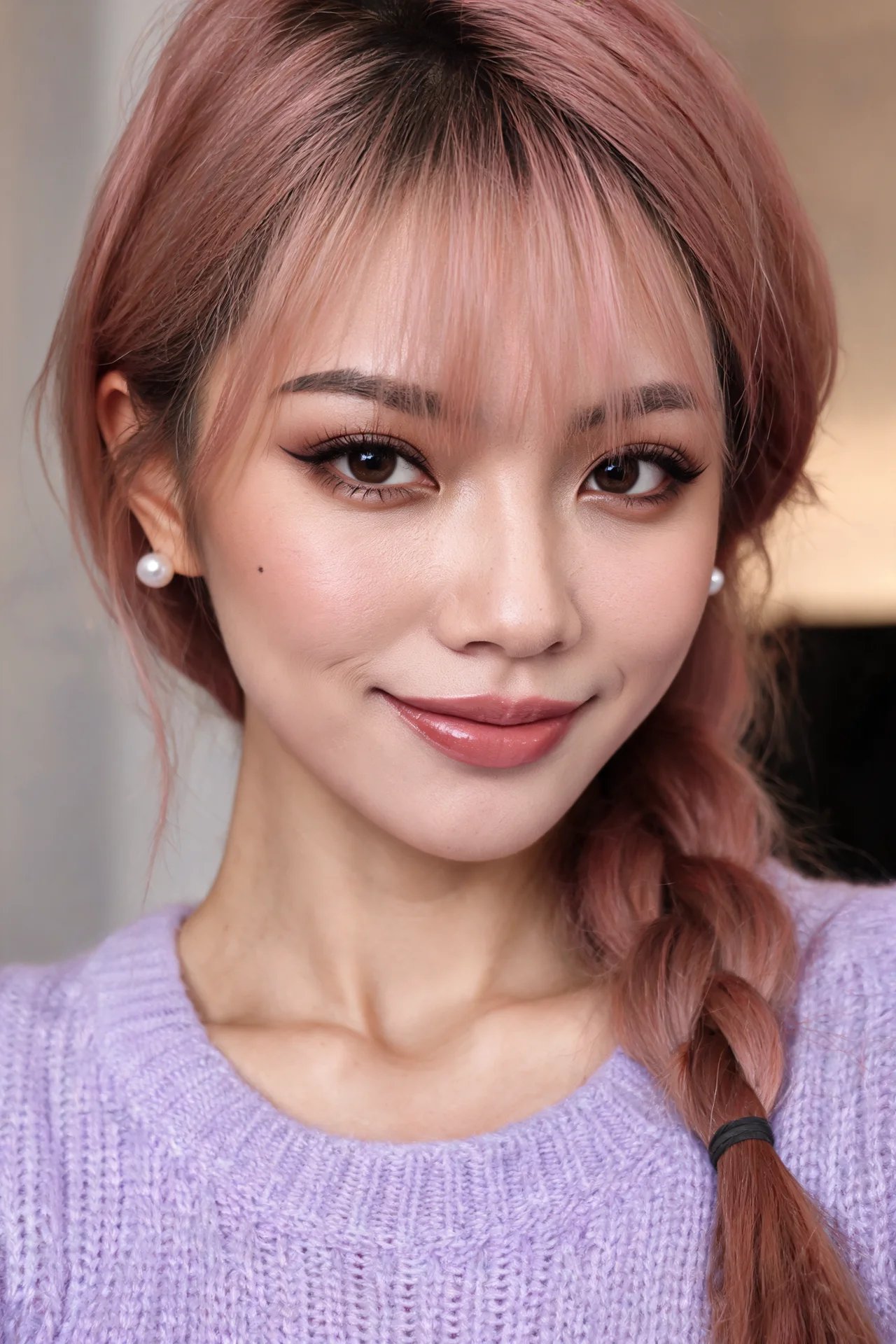 퍼플 스웨터 인물 사진 (얼굴 참조) — AI image prompt — Seedream 5 — Realistic, Portrait - 2