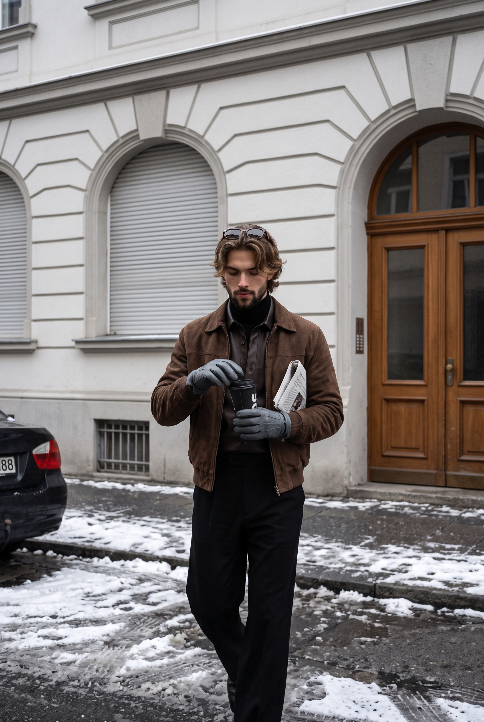 A realistic, straight-on, eye-level medium-full street fashion editorial portrait captures a young m — AI image prompt — Nano Banana 2.1