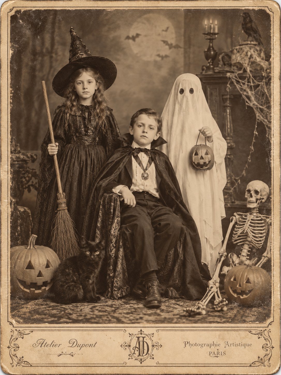 Authentic Victorian-era Halloween cabinet card photograph, circa 1890, three children posing solemnl — AI image prompt — GPT Image 2.5