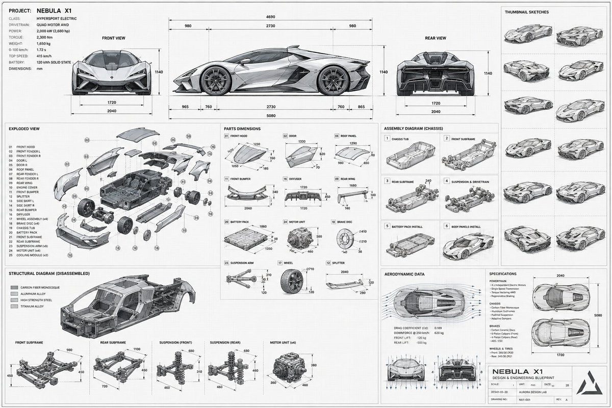 Futuristic Sports Car Blueprint Technical Drawing - 2